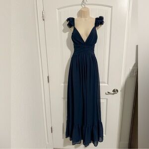 Lulu’s Soirée Celebration Navy Ruffle Sleeve Lace Up Back Maxi Dress Siz…